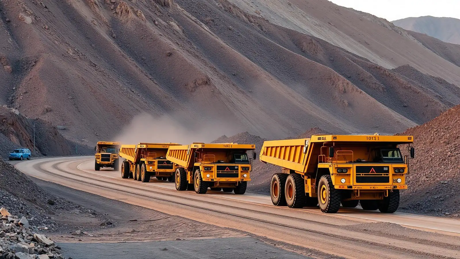 Camiones mineros de alto tonelaje en un camino de faena
